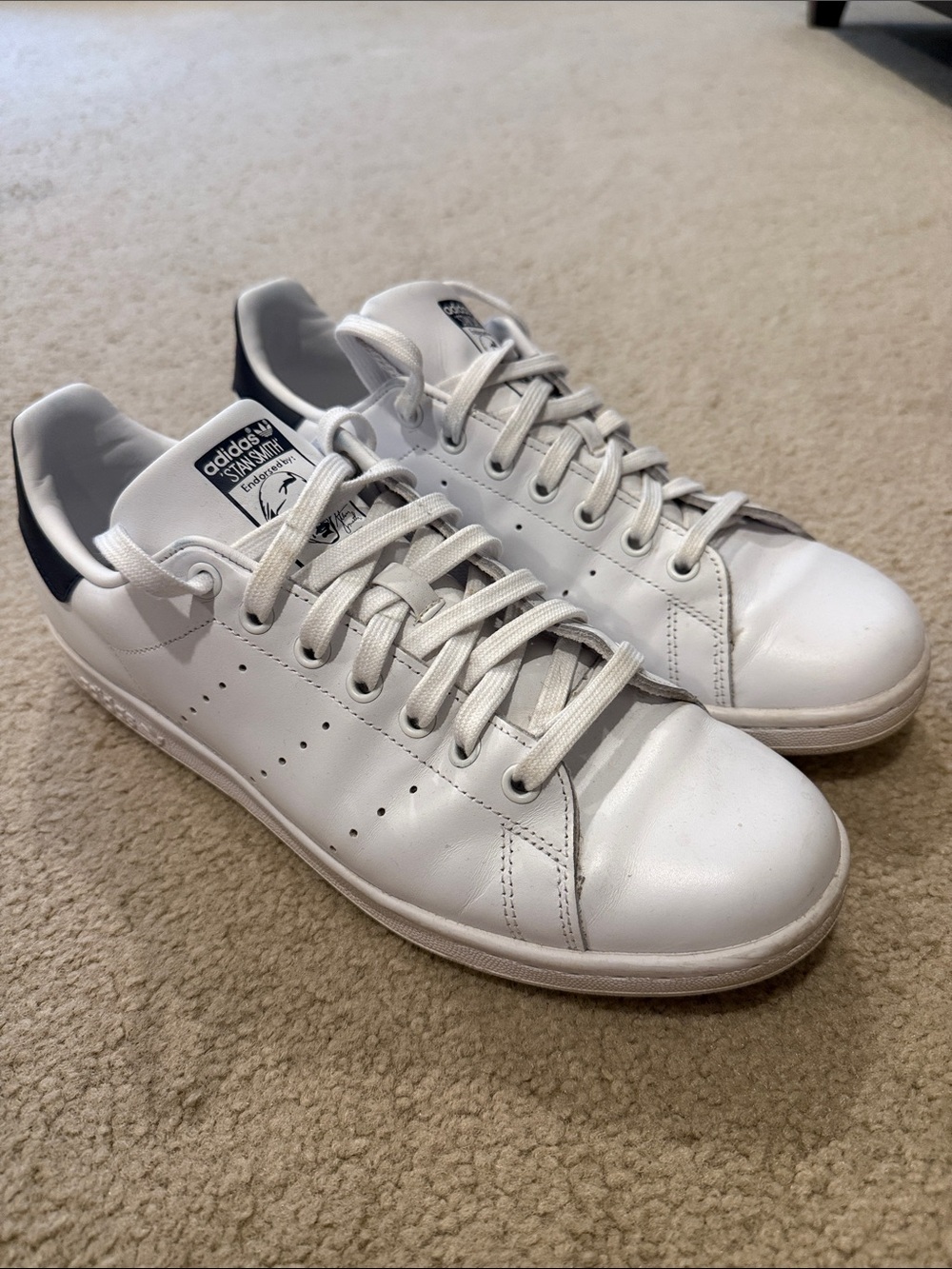 adidas Stan Smith Leather Sneakers in White with Navy Heel